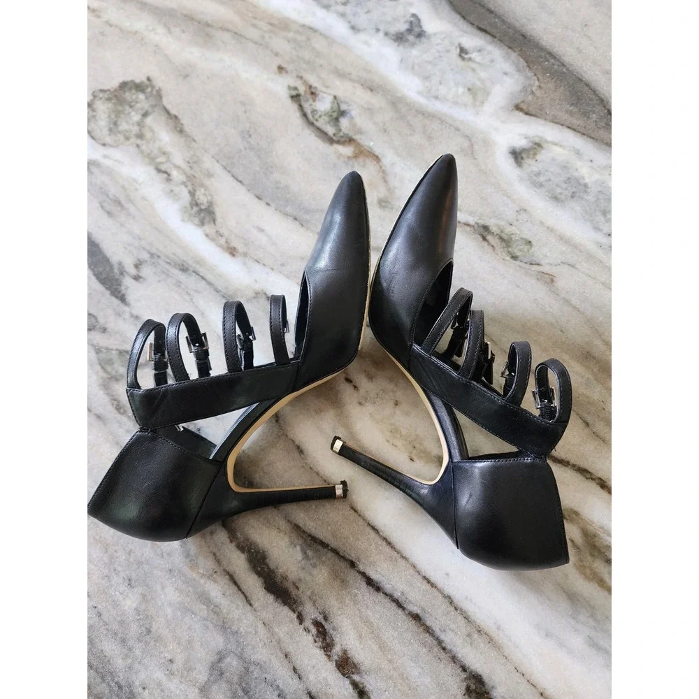Michael‎ Kors Black Leather Cage Buckle Strappy Pointed Toe Pumps Heels Size 8M
